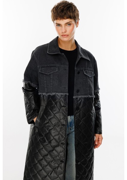 Missy Denim Kapitone Uyumlu Hafif Spor Zamansız Trench Kaban Manto-Siyah fırsatları