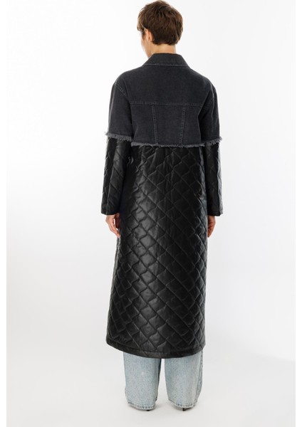 Missy Denim Kapitone Uyumlu Hafif Spor Zamansız Trench Kaban Manto-Siyah indirimleri