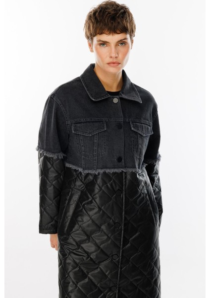 Missy Denim Kapitone Uyumlu Hafif Spor Zamansız Trench Kaban Manto-Siyah