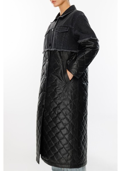 Missy Denim Kapitone Uyumlu Hafif Spor Zamansız Trench Kaban Manto-Siyah