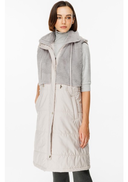 Puf Kapitone Dolgulu Soft Peluş Garni Yelek-Gümüş fiyatları