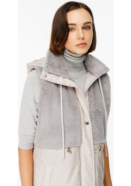 Puf Kapitone Dolgulu Soft Peluş Garni Yelek-Gümüş indirimleri