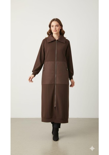 Kare Jakar Kapitone ve Krep Doku Mix Astarlı Mevsimlik Spor Trench Kap-Kahve