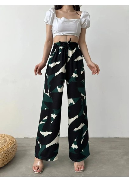 Desenli Beli Lastikli Bürümcük Pantolon-Si̇yah