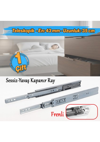 (1 Çift ) Frenli Teleskopik Çekmece Rayı Bilyalı Dolap Çekmecesi Ray Metal En 4.3 cm Uzunluk 35 cm