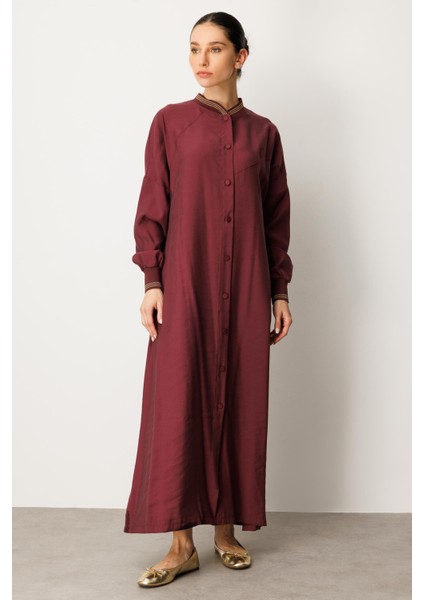 Soft Modal Kol ve Yaka Ribanalı Sade Elbise Kap Ferace-Bordo