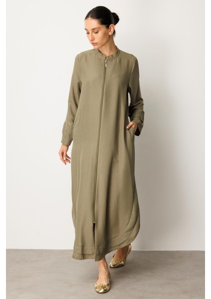 Şifon ve Garni Detaylı Hafif, Ince Ipekçe Kap-Haki