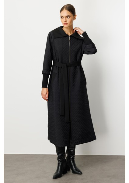 Db Yün Triko Detaylı Astarlı Jakar Kapitone Mevsimlik Uzun Trench Kap-Siyah