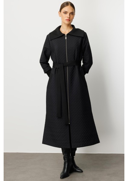 Db Yün Triko Detaylı Astarlı Jakar Kapitone Mevsimlik Uzun Trench Kap-Siyah fiyatları