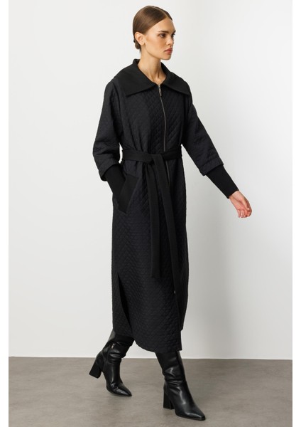 Db Yün Triko Detaylı Astarlı Jakar Kapitone Mevsimlik Uzun Trench Kap-Siyah modelleri