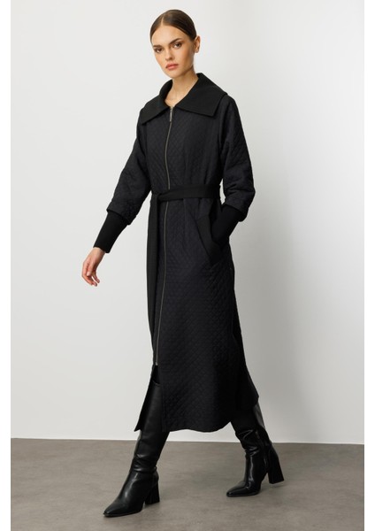 Db Yün Triko Detaylı Astarlı Jakar Kapitone Mevsimlik Uzun Trench Kap-Siyah fırsatları
