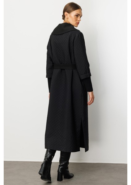 Db Yün Triko Detaylı Astarlı Jakar Kapitone Mevsimlik Uzun Trench Kap-Siyah indirimleri
