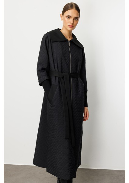 Db Yün Triko Detaylı Astarlı Jakar Kapitone Mevsimlik Uzun Trench Kap-Siyah