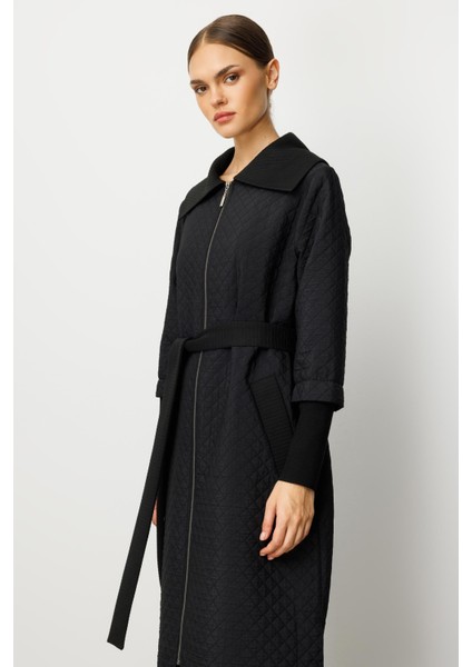 Db Yün Triko Detaylı Astarlı Jakar Kapitone Mevsimlik Uzun Trench Kap-Siyah