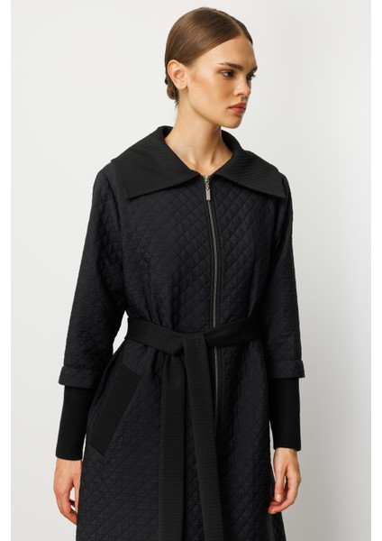 Db Yün Triko Detaylı Astarlı Jakar Kapitone Mevsimlik Uzun Trench Kap-Siyah