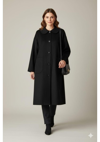 Yün Dokulu Özel Polyviskon Kumaş Astarsız Giy Çık Kap Kaban-Siyah