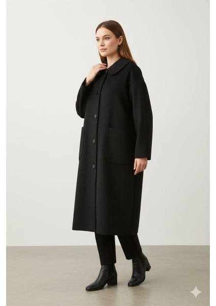 Yün Dokulu Özel Polyviskon Kumaş Astarsız Giy Çık Kap Kaban-Siyah fiyatları