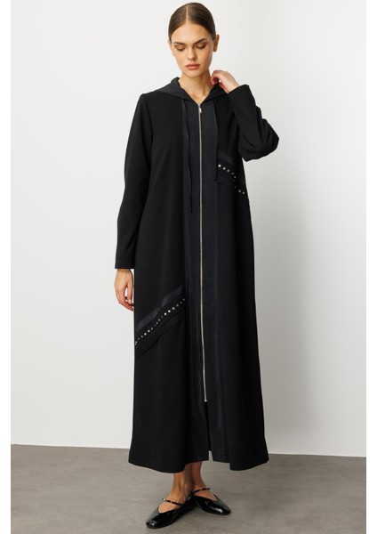 Poly Cupra Krep Doku Mix File Aks Detaylı Aatarlı Mevsimlik Trench/ Kap-Siyah