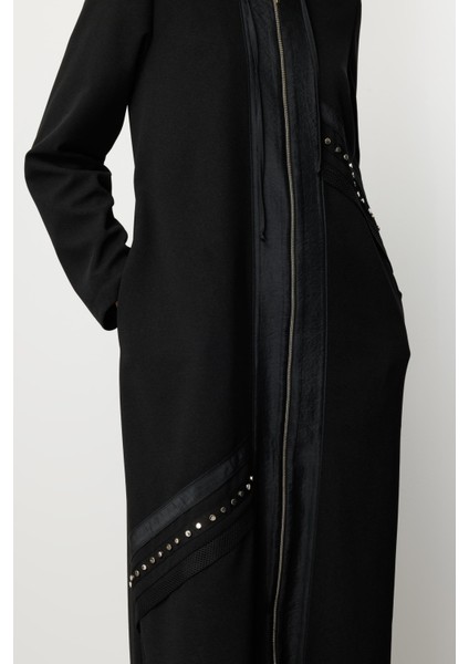 Poly Cupra Krep Doku Mix File Aks Detaylı Aatarlı Mevsimlik Trench/ Kap-Siyah