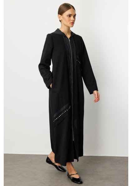 Poly Cupra Krep Doku Mix File Aks Detaylı Aatarlı Mevsimlik Trench/ Kap-Siyah