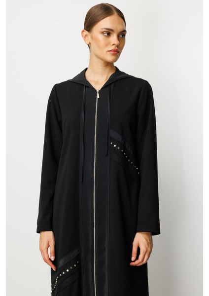 Poly Cupra Krep Doku Mix File Aks Detaylı Aatarlı Mevsimlik Trench/ Kap-Siyah