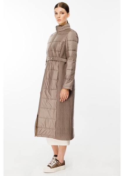 Leaf Işleme Yan Esnek Kapitone Dokuma Içi Dolgulu Kaban Manto-Vizon