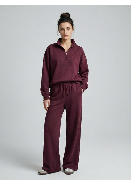 Kadın Yarım Fermuarlı Modal Kumaş Takım Bordo