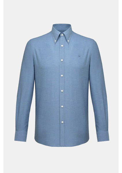 Erkek Mavi Cooper Fit Düğmeli Yaka Kaşmir Karışımlı Flannel Spor Gömlek