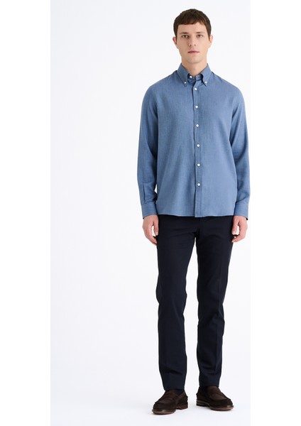Erkek Mavi Cooper Fit Düğmeli Yaka Kaşmir Karışımlı Flannel Spor Gömlek fiyatları