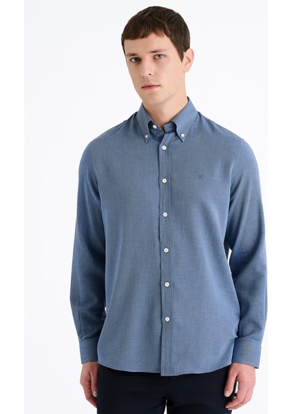 Erkek Mavi Cooper Fit Düğmeli Yaka Kaşmir Karışımlı Flannel Spor Gömlek modelleri