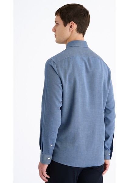 Erkek Mavi Cooper Fit Düğmeli Yaka Kaşmir Karışımlı Flannel Spor Gömlek fırsatları