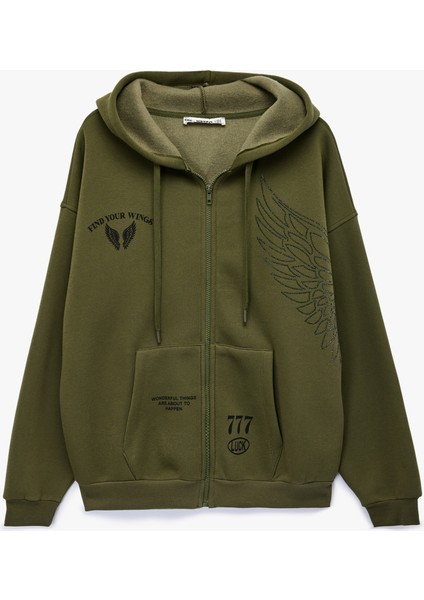 Taş Detaylı Kapüşonlu Arkası Baskılı Kanguru Cepli Oversize Fermuarlı Sweatshirt