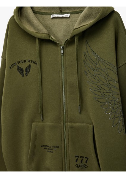 Taş Detaylı Kapüşonlu Arkası Baskılı Kanguru Cepli Oversize Fermuarlı Sweatshirt modelleri