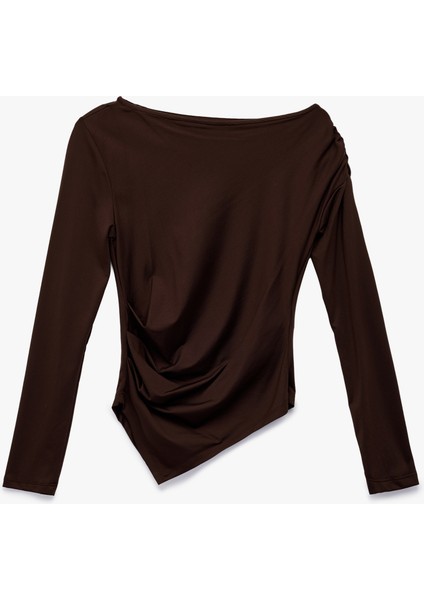 Slim Fit Asimetrik Kesim Drapeli Uzun Kollu Tişört