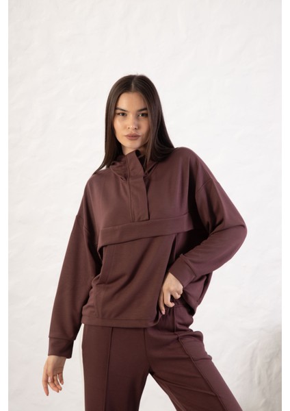 Kadın Rahat Kalıp Uzun Kollu Yarım Fermuar Modal Kumaş Kanguru Ce