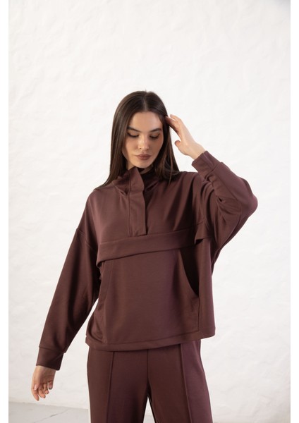 Kadın Rahat Kalıp Uzun Kollu Yarım Fermuar Modal Kumaş Kanguru Ce fiyatları