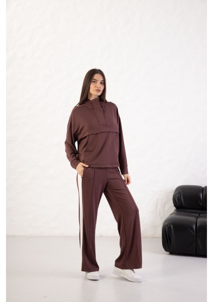 Kadın Rahat Kalıp Uzun Kollu Yarım Fermuar Modal Kumaş Kanguru Ce fırsatları