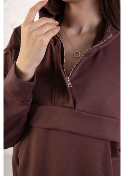 Kadın Rahat Kalıp Uzun Kollu Yarım Fermuar Modal Kumaş Kanguru Ce indirimleri