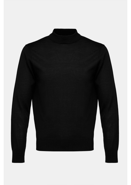 Erkek Siyah Yün Yarım Balıkçı Yaka Kazak