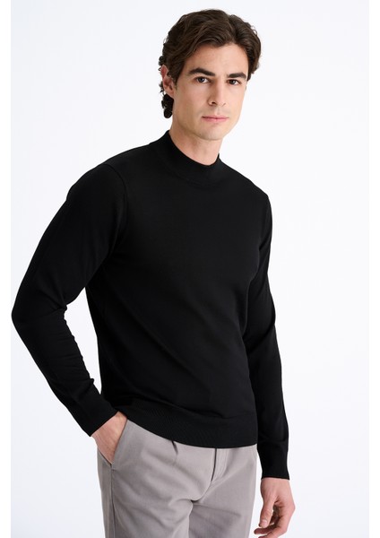 Erkek Siyah Yün Yarım Balıkçı Yaka Kazak fırsatları