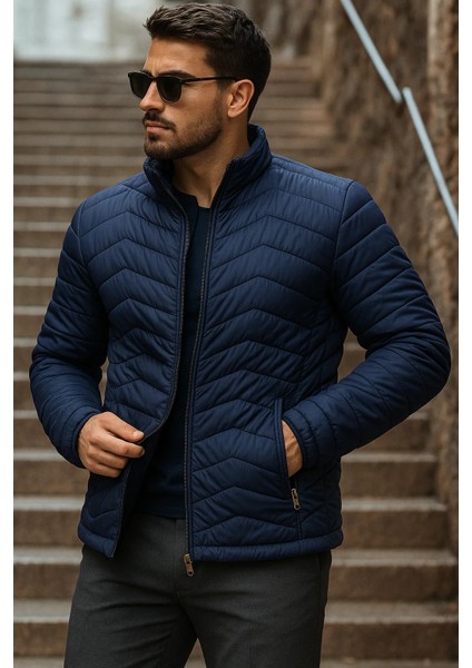 Erkek Kışlık Trend Lacivert Kapitone Şişme Mont
