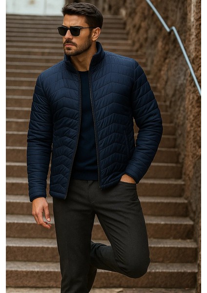 Erkek Kışlık Trend Lacivert Kapitone Şişme Mont modelleri