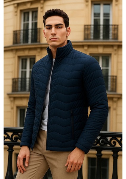 Erkek Premium Basic Kapitone Lacivert Şişme Mont modelleri