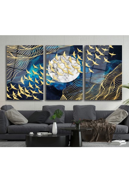 Soyut Kuşlar Üçlü Set Cam Tablo, Modern Ev Ofis Salon Duvar Dekoru Hediyelik Büyük Tablo Dekor