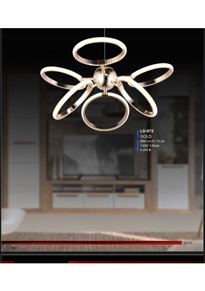 LD072 Model Gold 3 Renkli Salon ve Oturma Odası Için Ideal Alüminyum Avize, 65X70