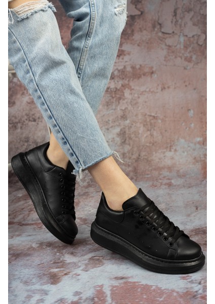 Günlük Sneaker Kadın Spor Ayakkabı Bağcıklı Siyah