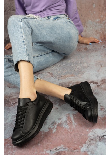 Günlük Sneaker Kadın Spor Ayakkabı Bağcıklı Siyah modelleri