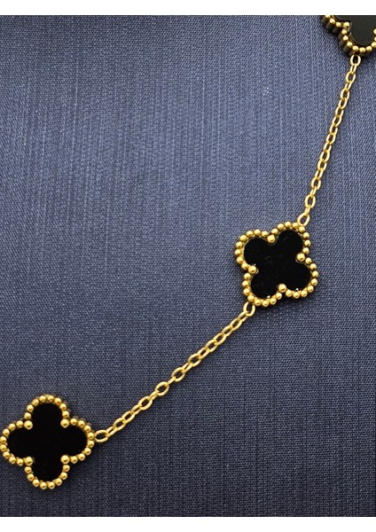Yonca Model Siyah Gold Renk Büyük Boy Çelik Kolye
