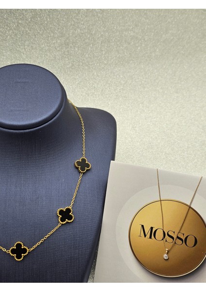 Yonca Model Siyah Gold Renk Büyük Boy Çelik Kolye modelleri