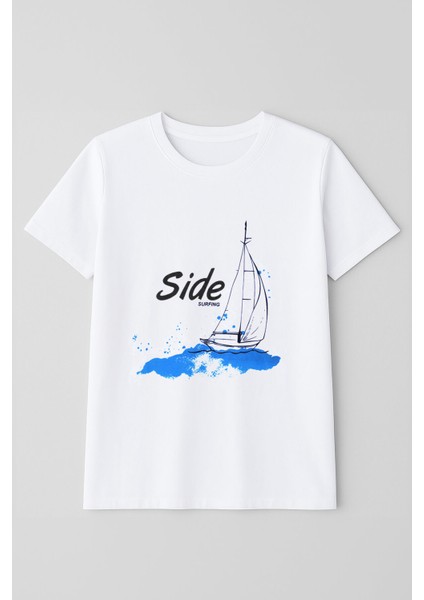 Kadın Bisiklet Yaka %100 Pamuk Side Baskılı Beyaz T-Shirt